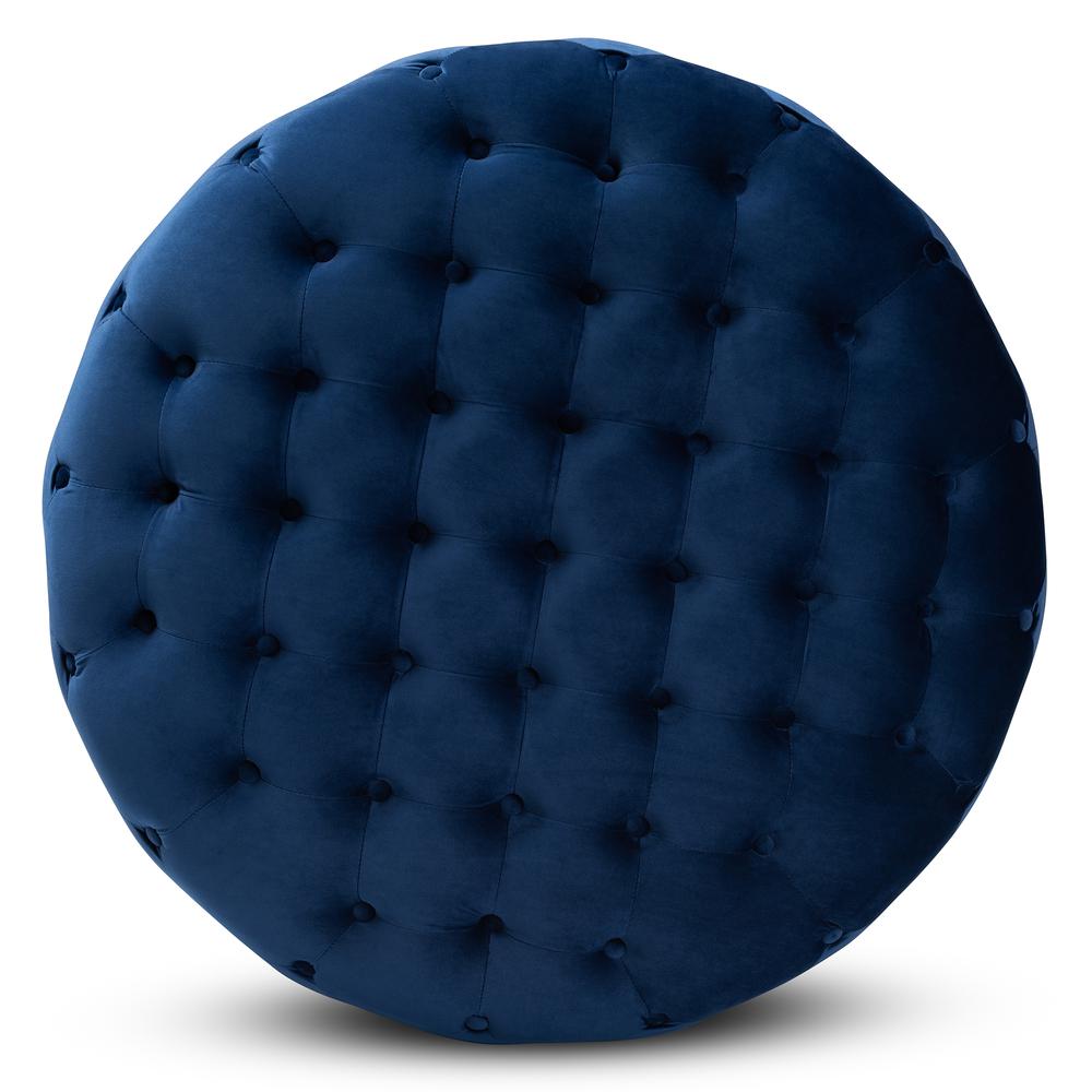 Luxe Royal Blue Velvet Fabric Upholstered Gold Finished Round Cocktail Ottoman. Picture 8