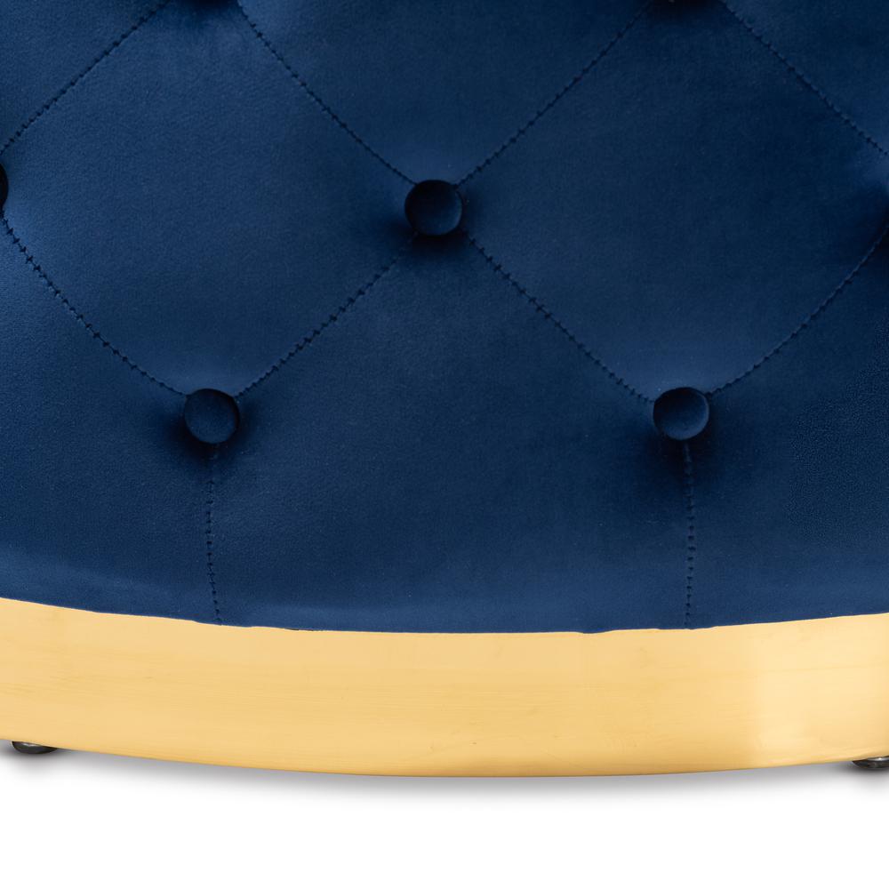 Luxe Royal Blue Velvet Fabric Upholstered Gold Finished Round Cocktail Ottoman. Picture 9