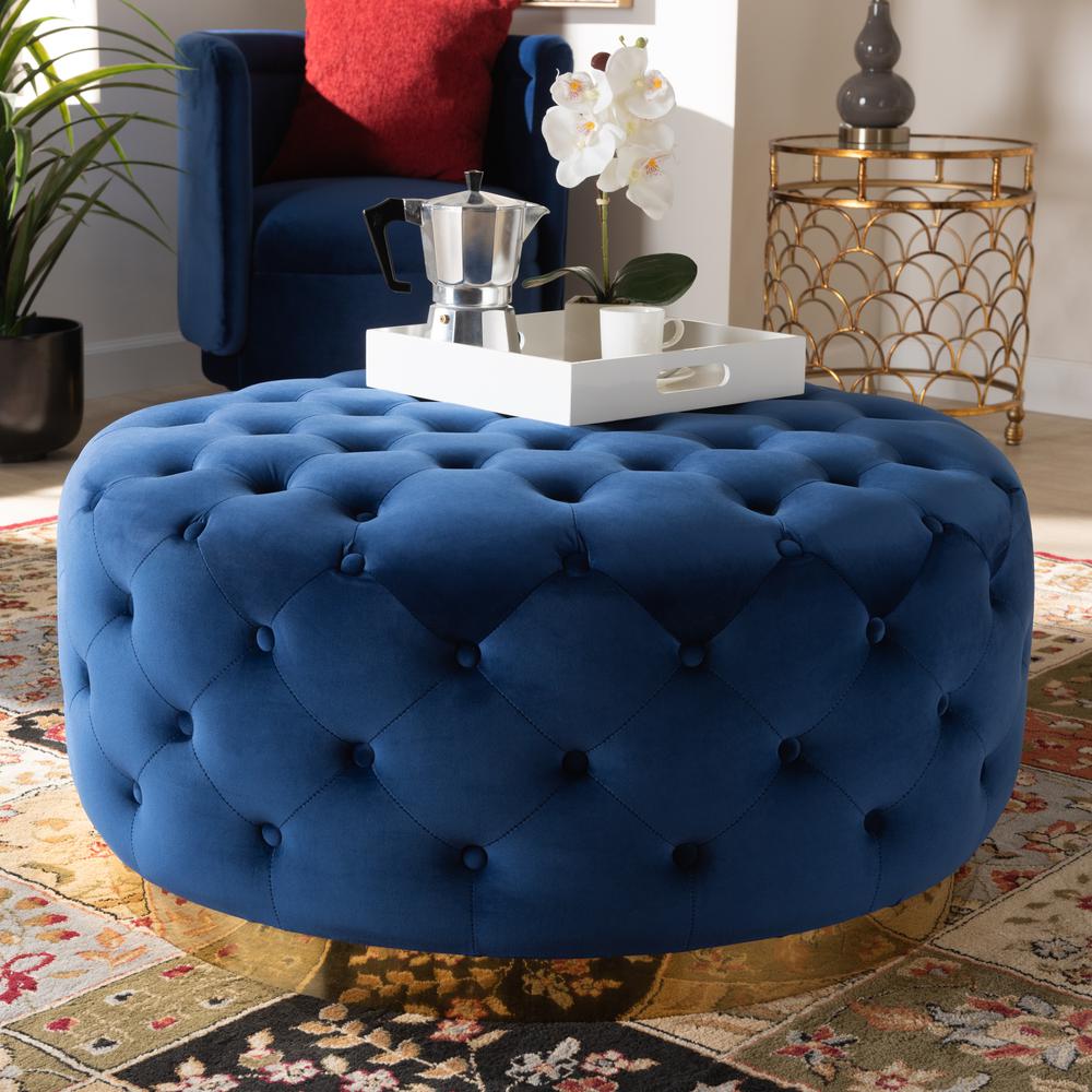 Luxe Royal Blue Velvet Fabric Upholstered Gold Finished Round Cocktail Ottoman. Picture 10