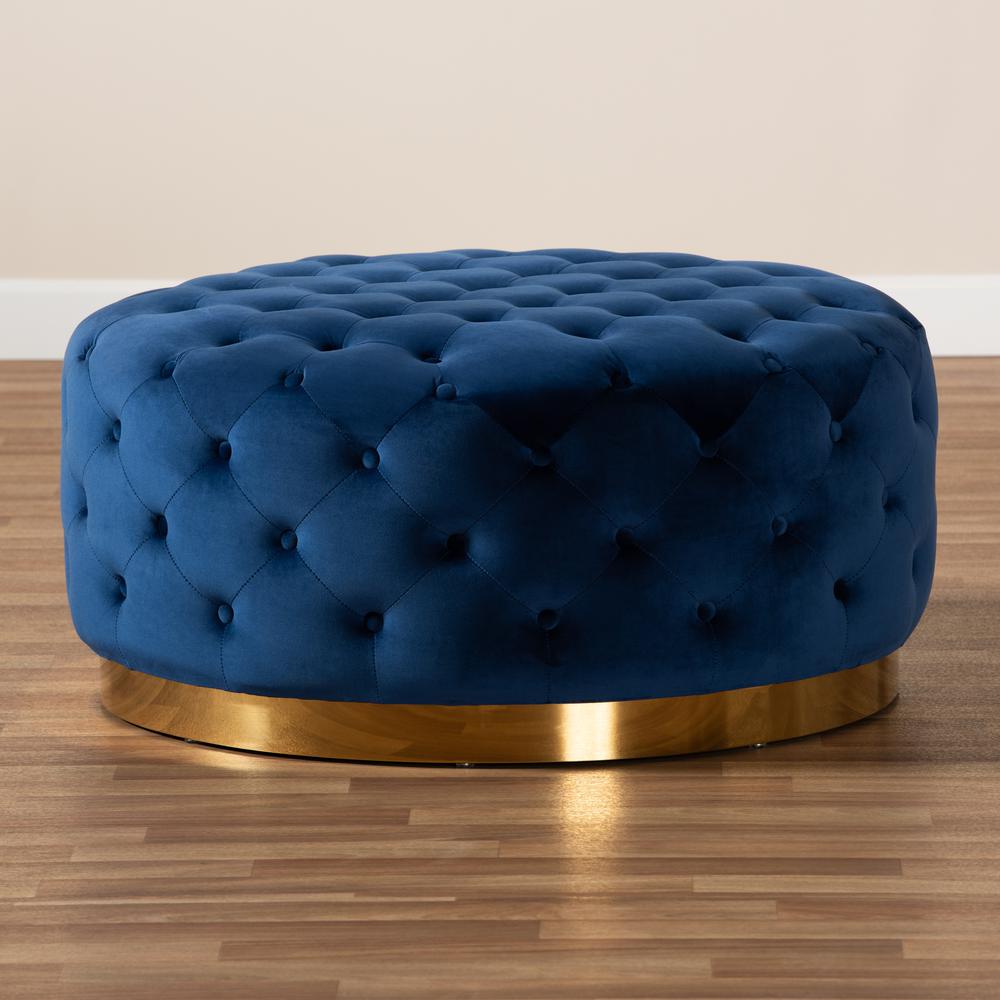 Luxe Royal Blue Velvet Fabric Upholstered Gold Finished Round Cocktail Ottoman. Picture 11
