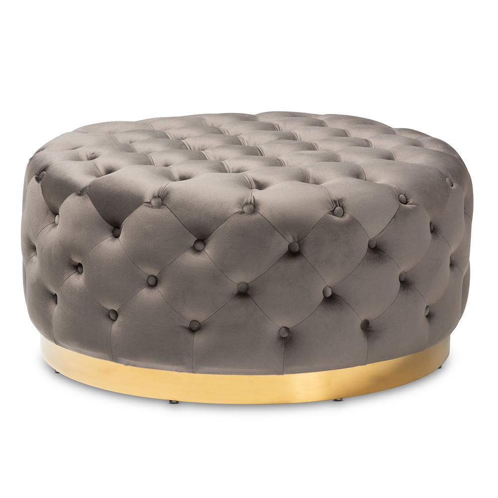 Luxe Grey Velvet Fabric Upholstered Gold Finished Round Cocktail Ottoman. Picture 7