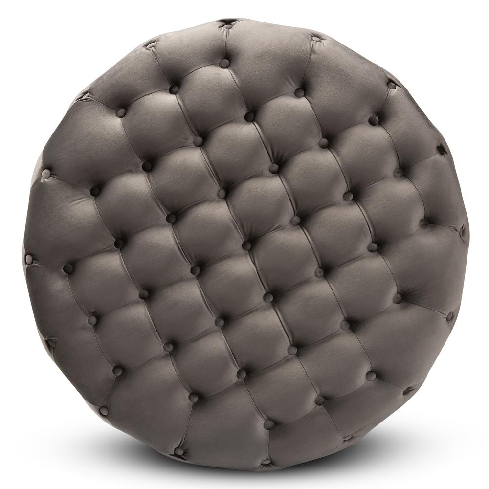 Luxe Grey Velvet Fabric Upholstered Gold Finished Round Cocktail Ottoman. Picture 8