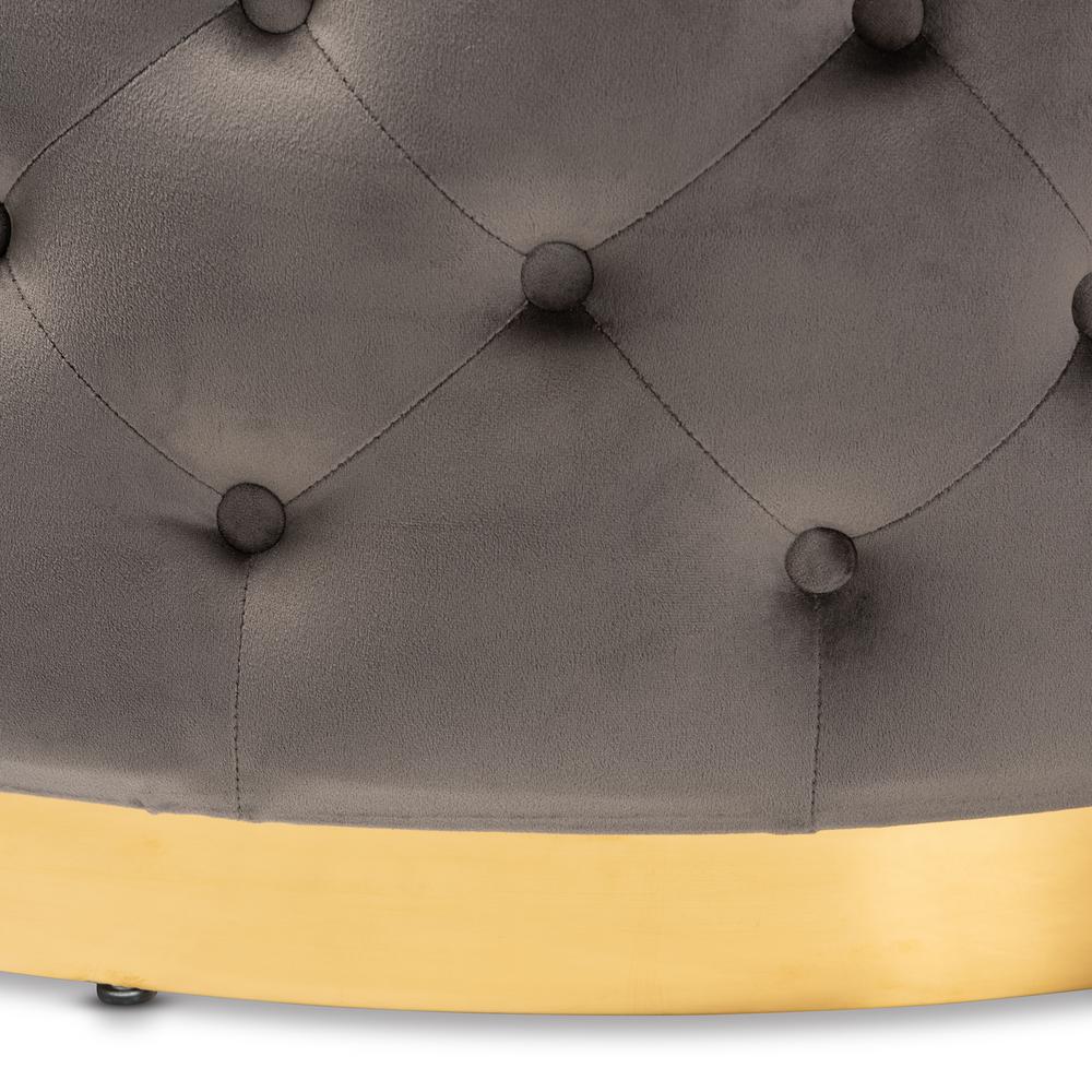 Luxe Grey Velvet Fabric Upholstered Gold Finished Round Cocktail Ottoman. Picture 9