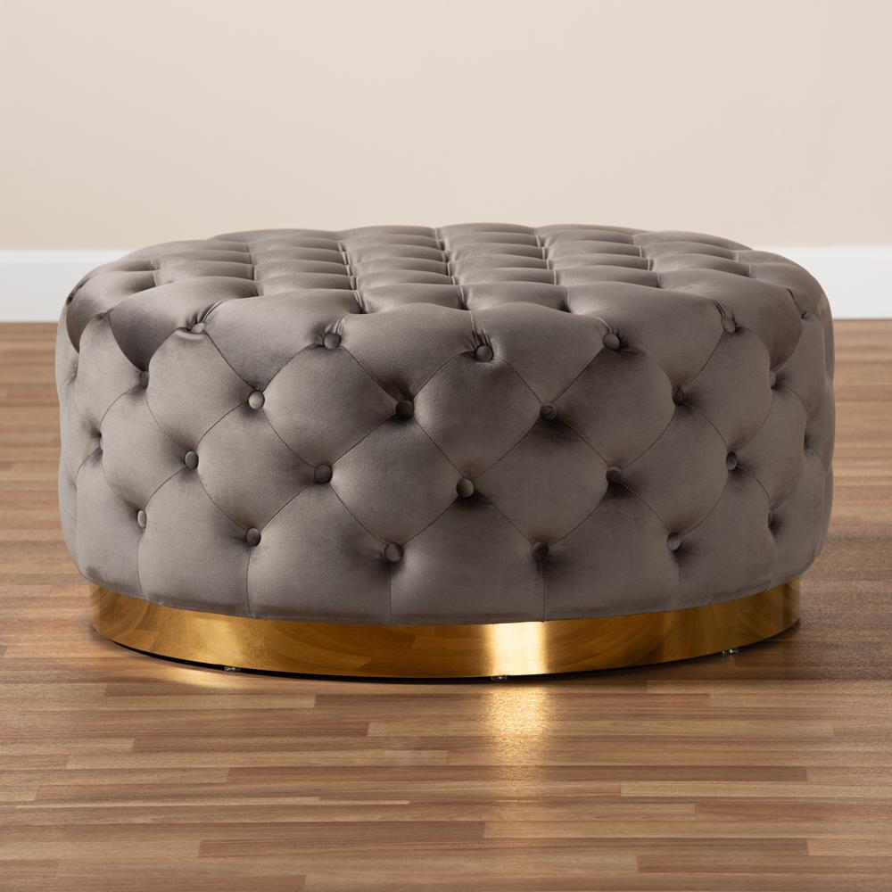 Luxe Grey Velvet Fabric Upholstered Gold Finished Round Cocktail Ottoman. Picture 11