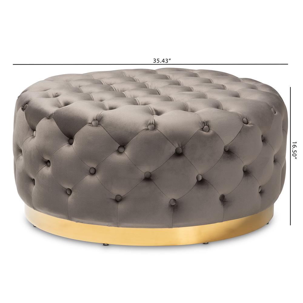 Luxe Grey Velvet Fabric Upholstered Gold Finished Round Cocktail Ottoman. Picture 12