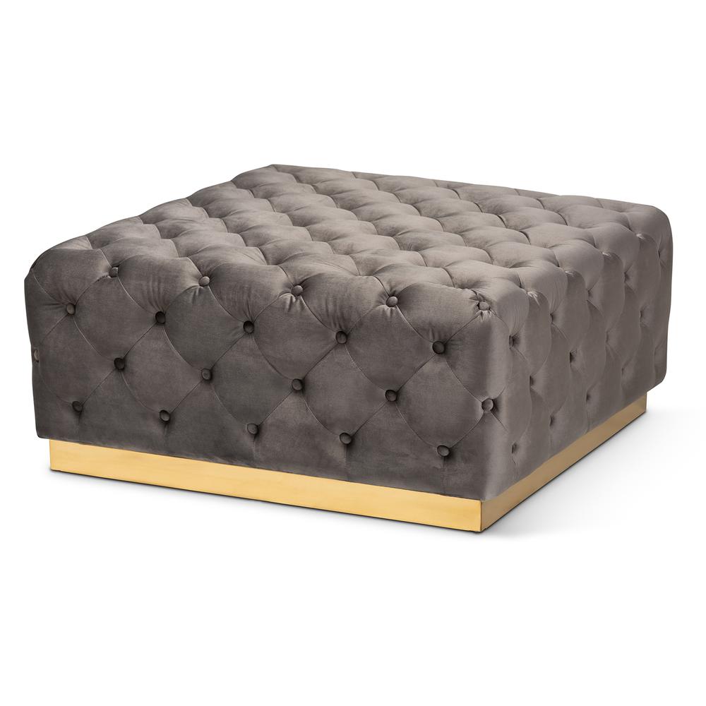 Luxe Grey Velvet Fabric Upholstered Gold Finished Square Cocktail Ottoman. Picture 8