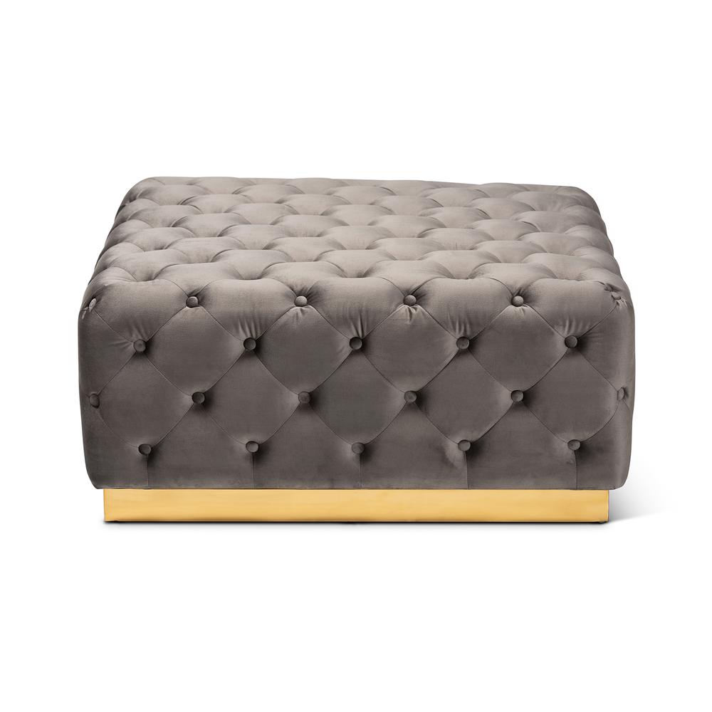 Luxe Grey Velvet Fabric Upholstered Gold Finished Square Cocktail Ottoman. Picture 9