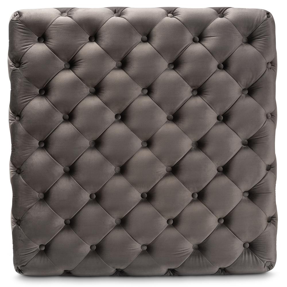 Luxe Grey Velvet Fabric Upholstered Gold Finished Square Cocktail Ottoman. Picture 10