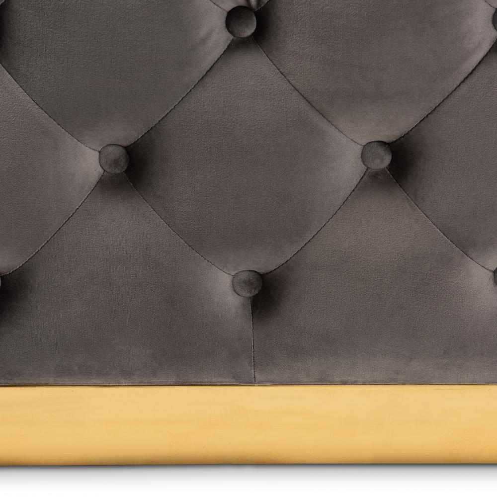 Luxe Grey Velvet Fabric Upholstered Gold Finished Square Cocktail Ottoman. Picture 11