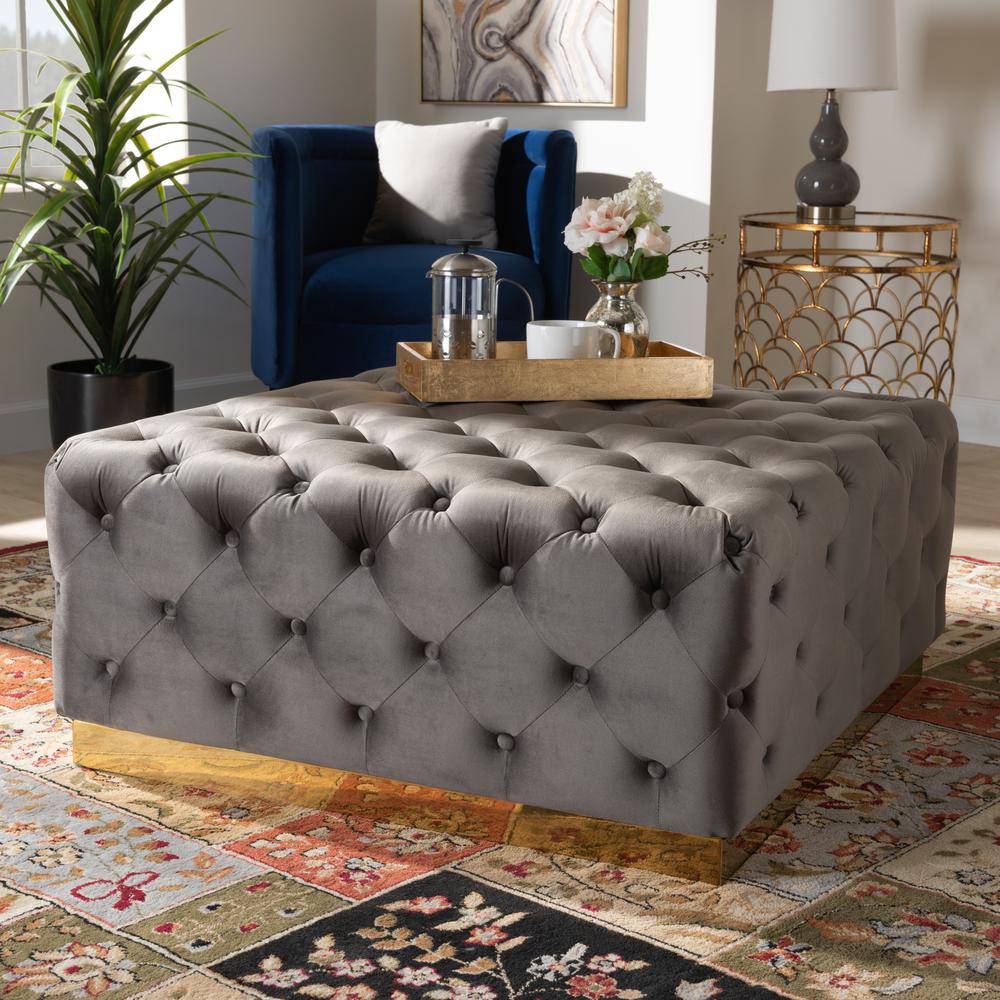 Luxe Grey Velvet Fabric Upholstered Gold Finished Square Cocktail Ottoman. Picture 12