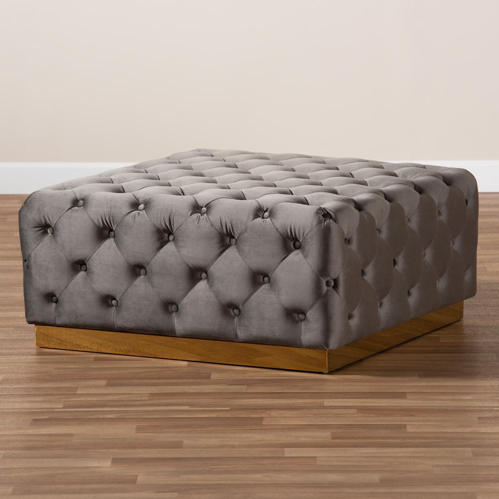 Luxe Grey Velvet Fabric Upholstered Gold Finished Square Cocktail Ottoman. Picture 13