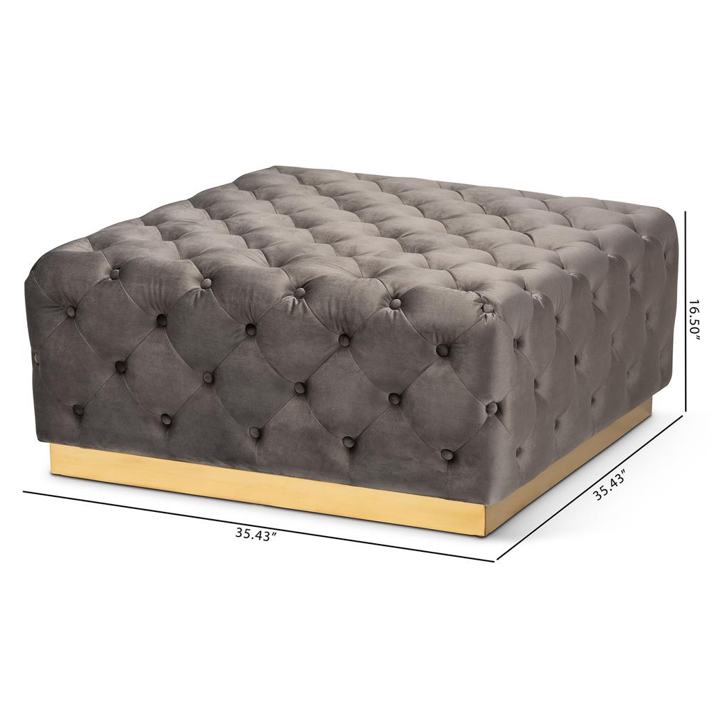 Luxe Grey Velvet Fabric Upholstered Gold Finished Square Cocktail Ottoman. Picture 14