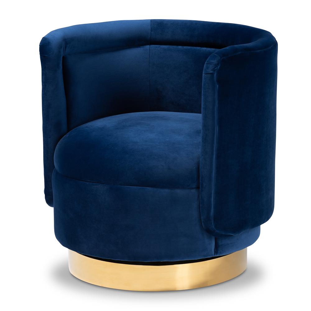 Luxe Royal Blue Velvet Fabric Upholstered Gold Finished Swivel Accent Chair. Picture 9
