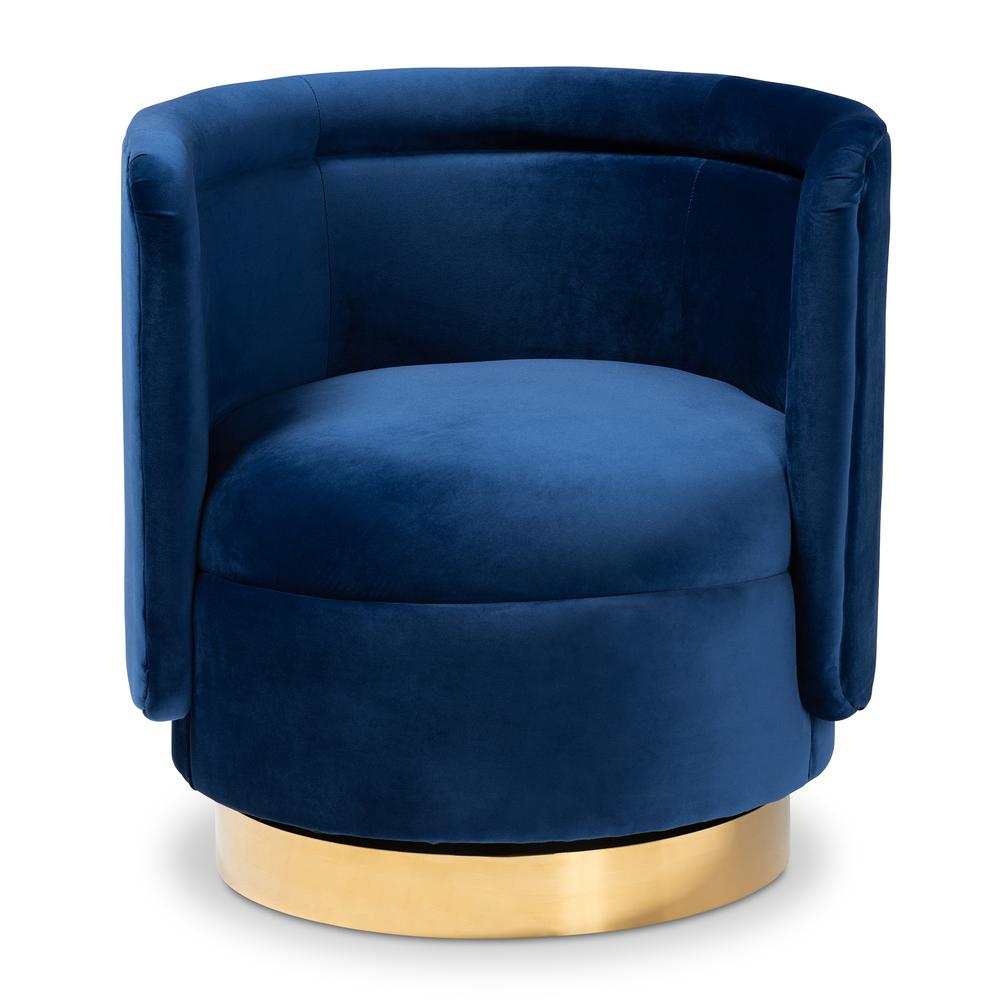 Luxe Royal Blue Velvet Fabric Upholstered Gold Finished Swivel Accent Chair. Picture 10