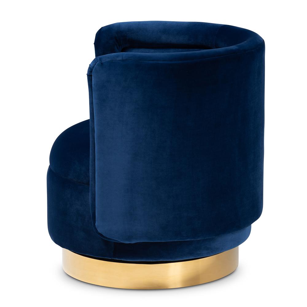 Luxe Royal Blue Velvet Fabric Upholstered Gold Finished Swivel Accent Chair. Picture 11