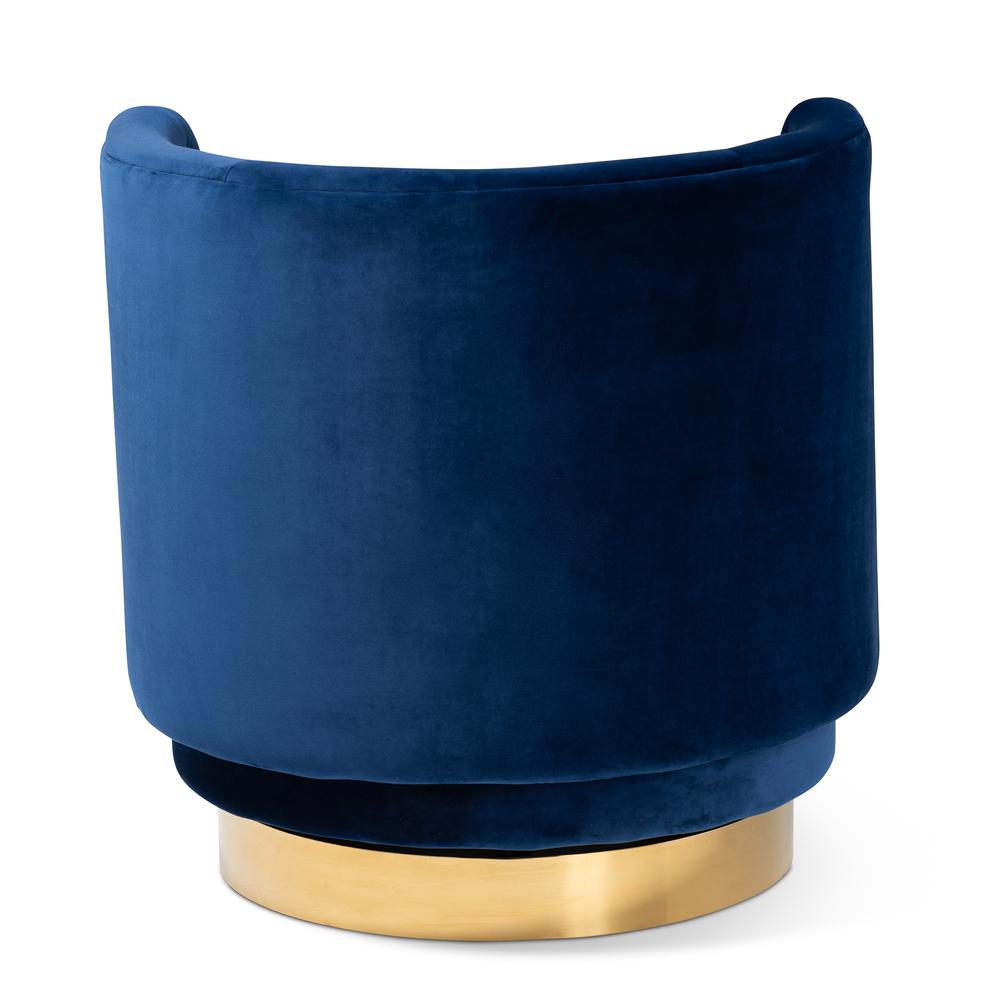 Luxe Royal Blue Velvet Fabric Upholstered Gold Finished Swivel Accent Chair. Picture 12