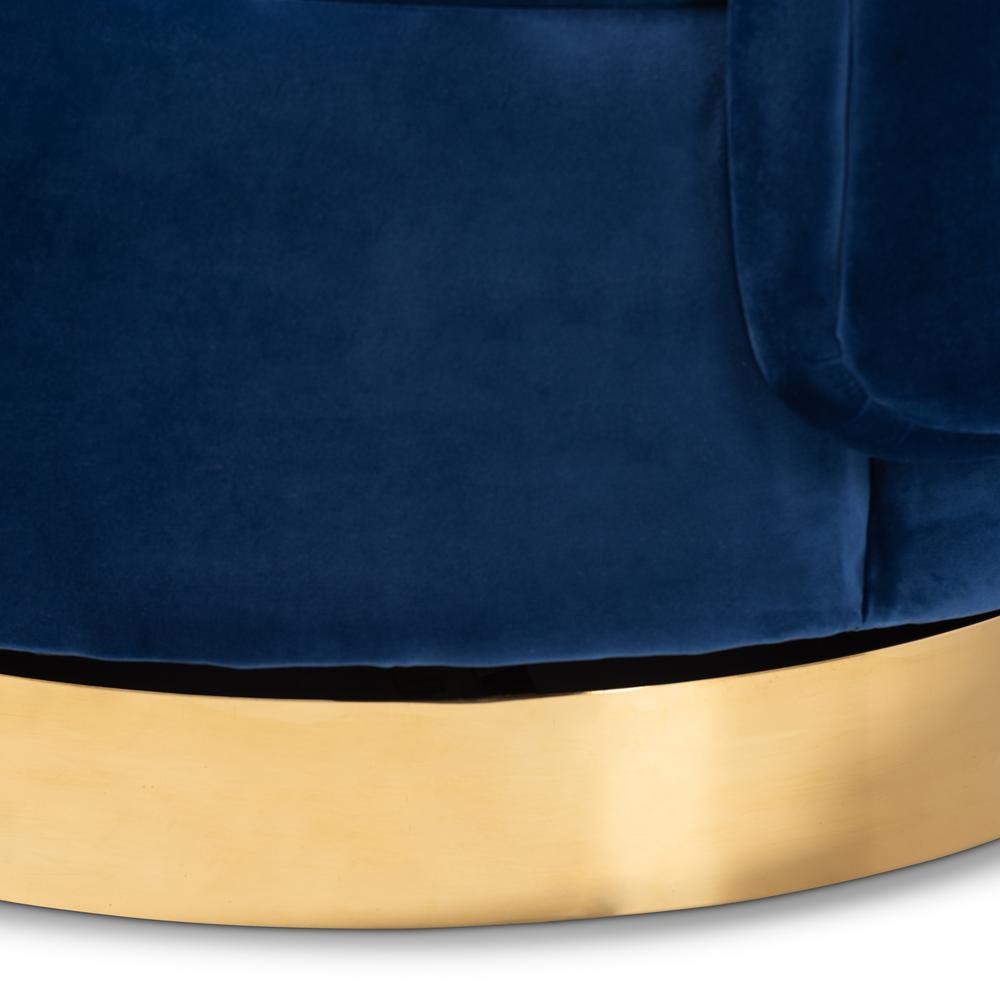Luxe Royal Blue Velvet Fabric Upholstered Gold Finished Swivel Accent Chair. Picture 13