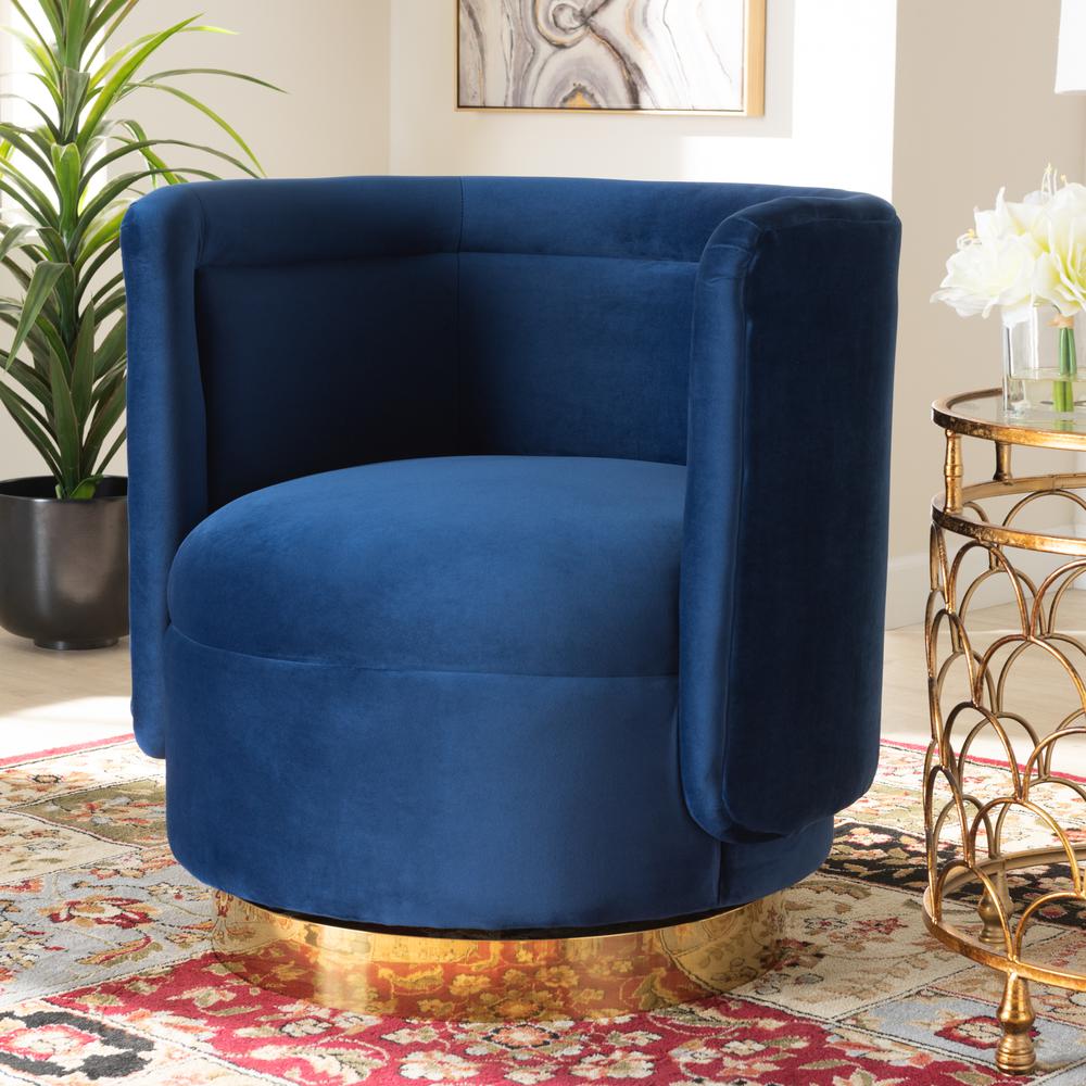 Luxe Royal Blue Velvet Fabric Upholstered Gold Finished Swivel Accent Chair. Picture 14