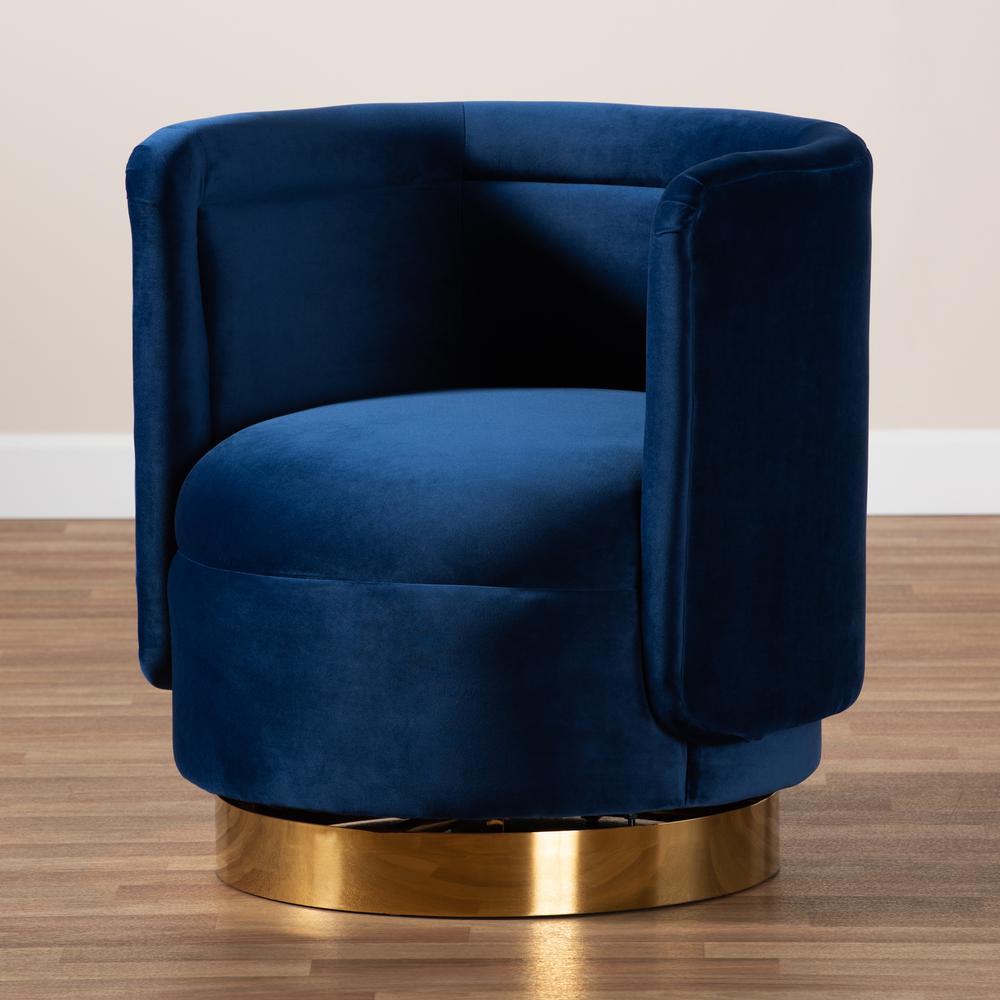 Luxe Royal Blue Velvet Fabric Upholstered Gold Finished Swivel Accent Chair. Picture 15