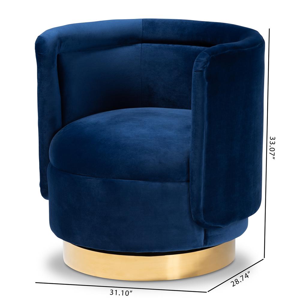 Luxe Royal Blue Velvet Fabric Upholstered Gold Finished Swivel Accent Chair. Picture 16