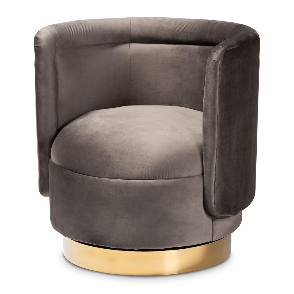 Luxe Grey Velvet Fabric Upholstered Gold Finished Swivel Accent Chair. Picture 9