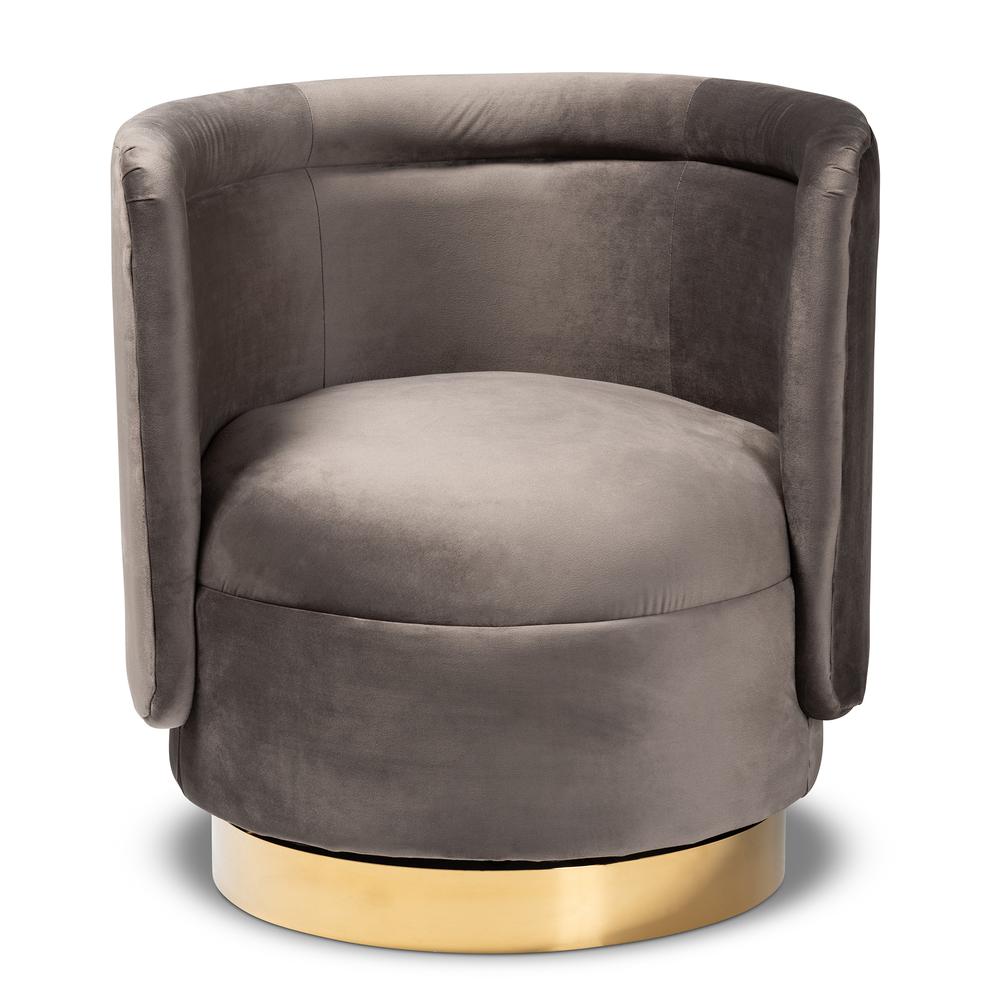 Luxe Grey Velvet Fabric Upholstered Gold Finished Swivel Accent Chair. Picture 10