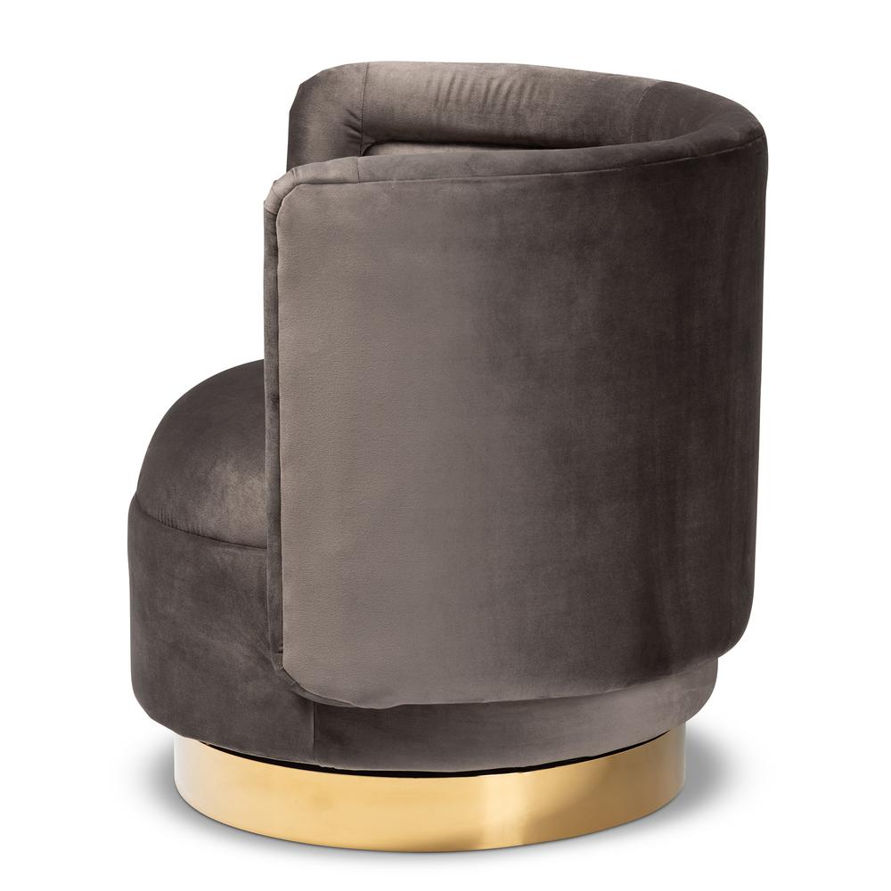 Luxe Grey Velvet Fabric Upholstered Gold Finished Swivel Accent Chair. Picture 11