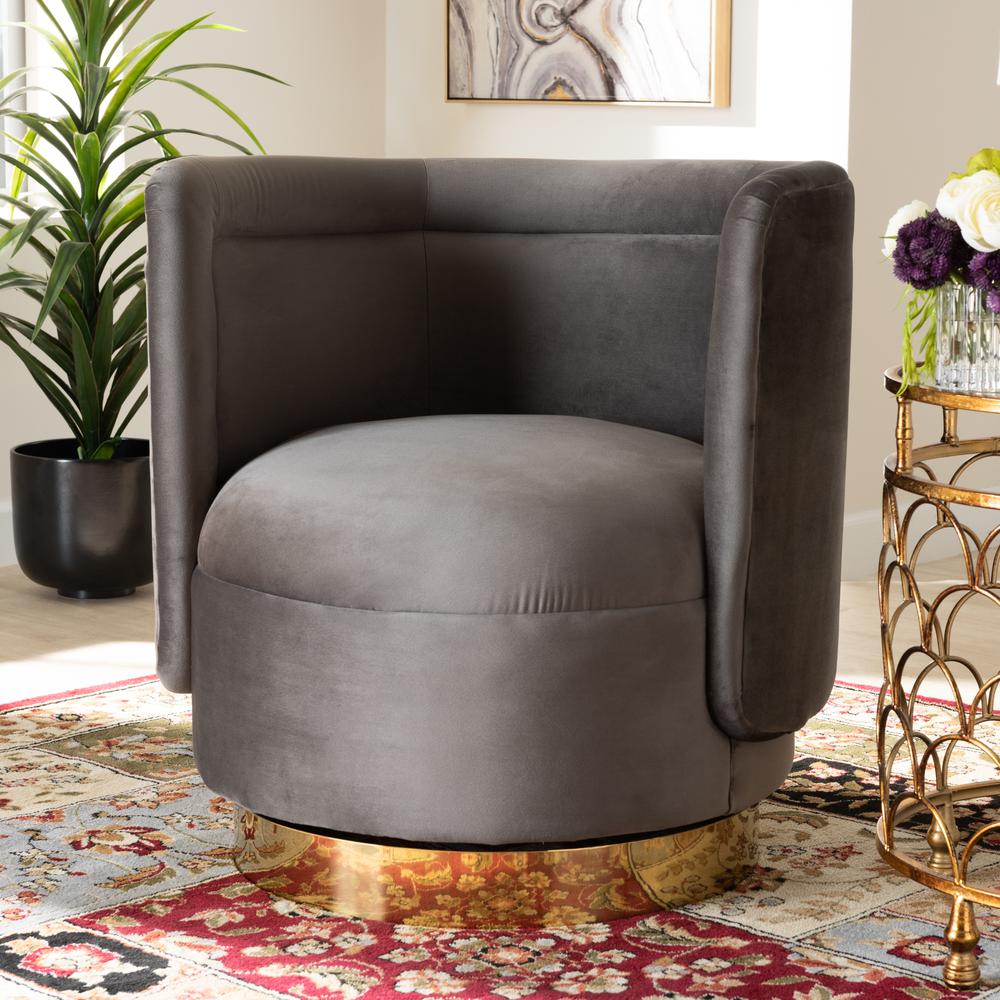 Luxe Grey Velvet Fabric Upholstered Gold Finished Swivel Accent Chair. Picture 14