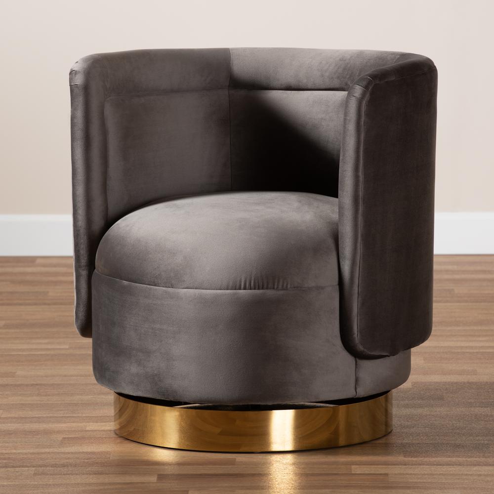 Luxe Grey Velvet Fabric Upholstered Gold Finished Swivel Accent Chair. Picture 15