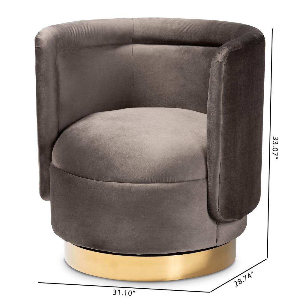 Luxe Grey Velvet Fabric Upholstered Gold Finished Swivel Accent Chair. Picture 16