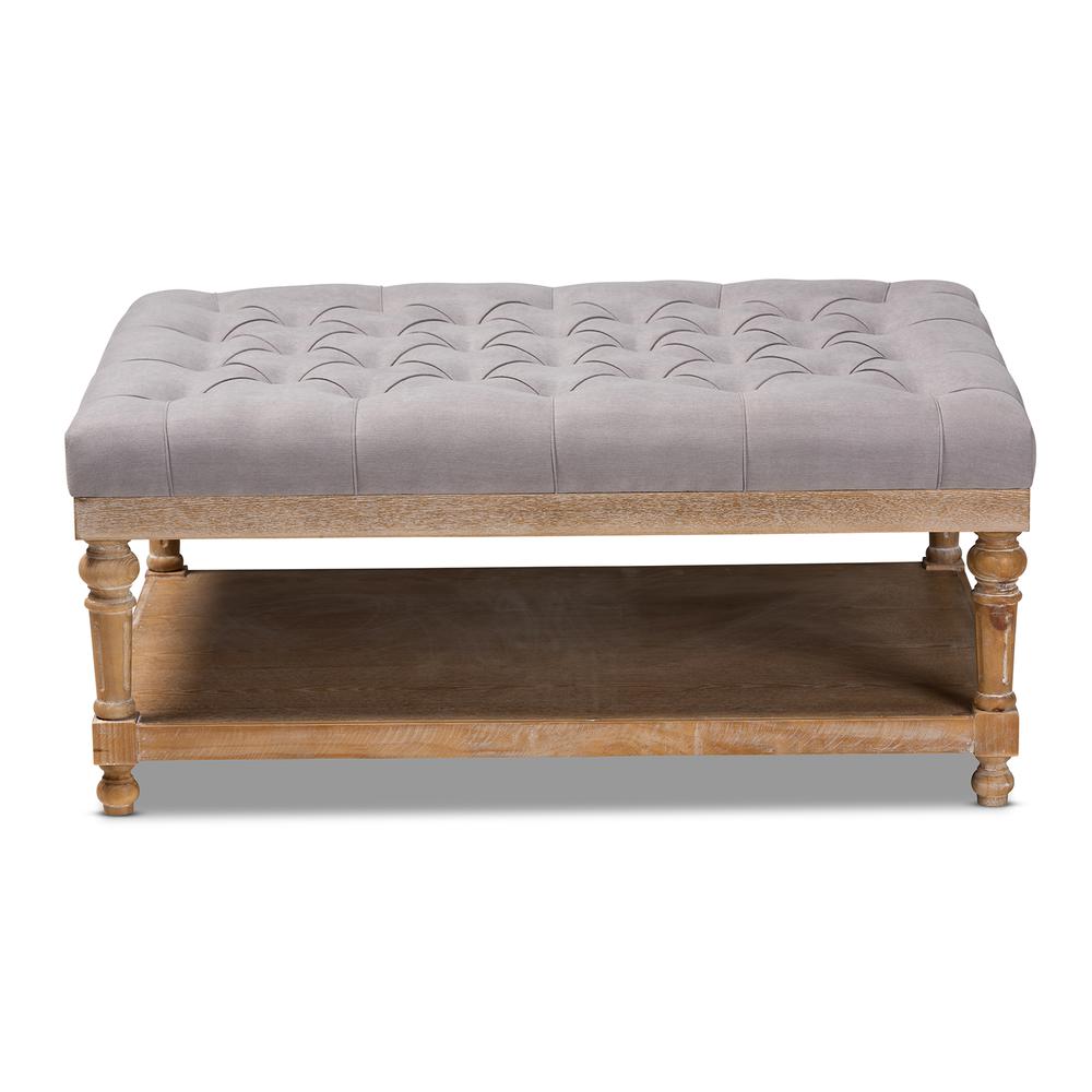 and Rustic Grey Linen Fabric Upholstered and Greywashed Wood Cocktail Ottoman. Picture 10