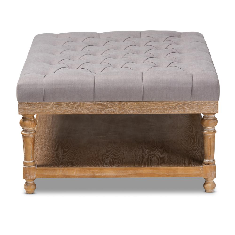 and Rustic Grey Linen Fabric Upholstered and Greywashed Wood Cocktail Ottoman. Picture 11
