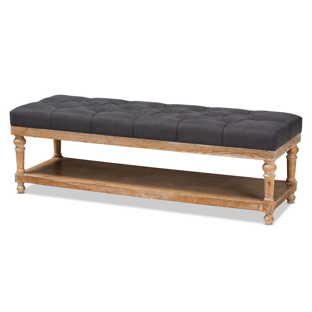 and Rustic Charcoal Linen Fabric Upholstered and Greywashed Wood Storage Bench. Picture 9