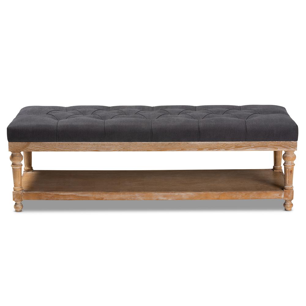 and Rustic Charcoal Linen Fabric Upholstered and Greywashed Wood Storage Bench. Picture 10