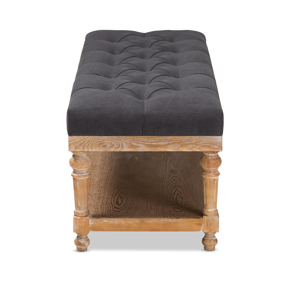 and Rustic Charcoal Linen Fabric Upholstered and Greywashed Wood Storage Bench. Picture 11