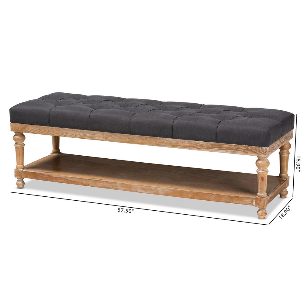 and Rustic Charcoal Linen Fabric Upholstered and Greywashed Wood Storage Bench. Picture 16