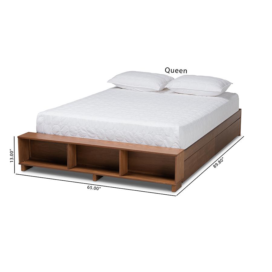 Walnut Brown Finished Wood Queen Size Platform Bed with Built-In Shelves. Picture 12