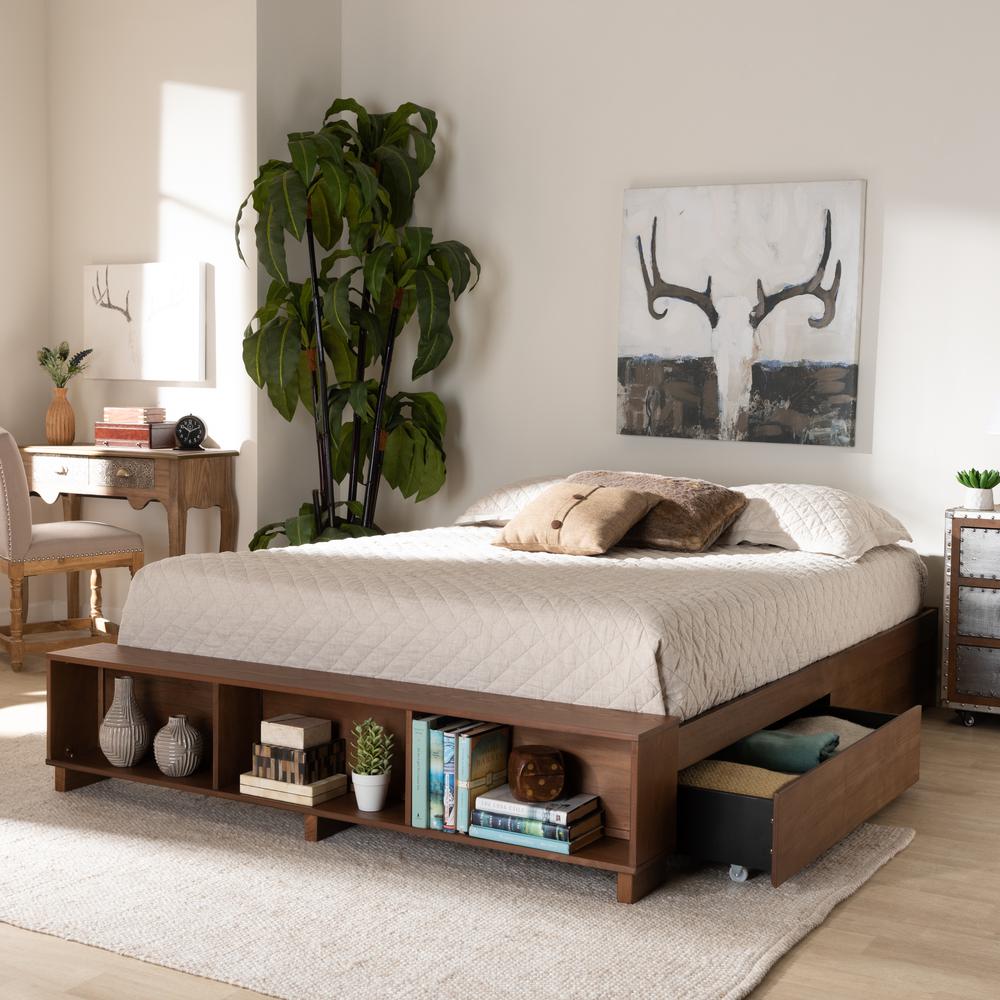 Brown Finished Wood Full Size Platform Bed with Built-In Shelves. Picture 22