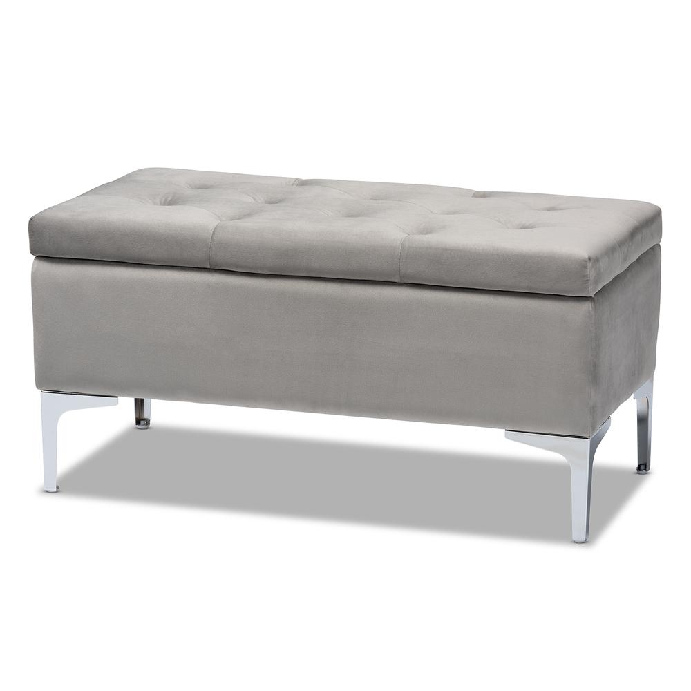 Transitional Grey Velvet Fabric Upholstered Silver Finished Storage Ottoman. Picture 12