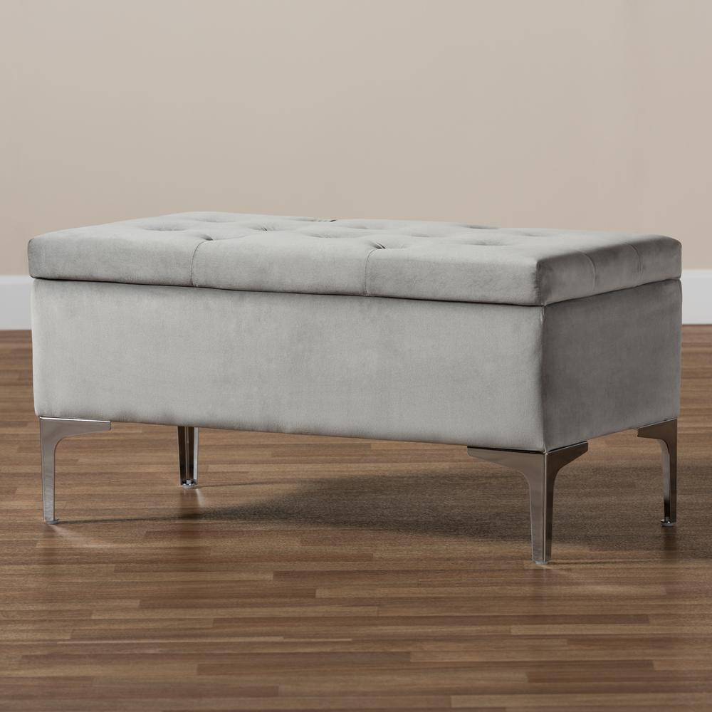 Transitional Grey Velvet Fabric Upholstered Silver Finished Storage Ottoman. Picture 21