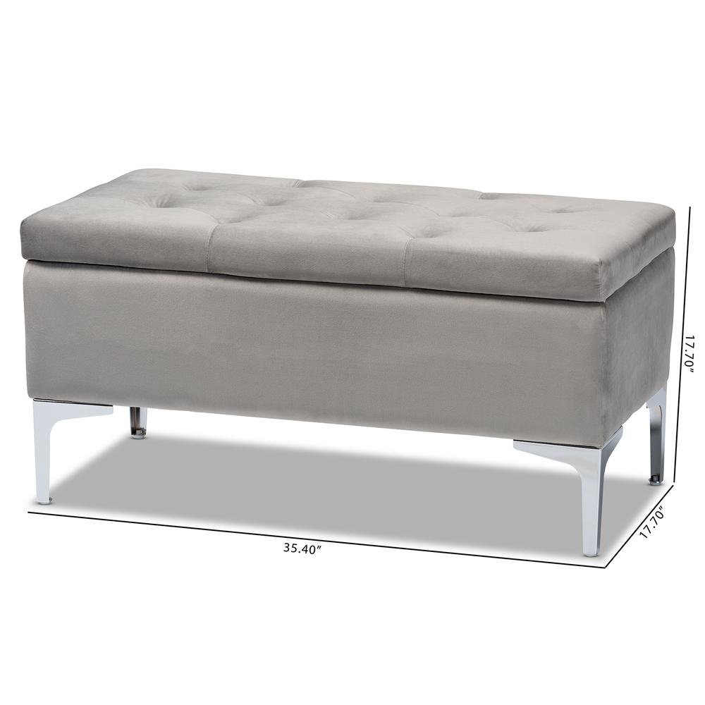 Transitional Grey Velvet Fabric Upholstered Silver Finished Storage Ottoman. Picture 22