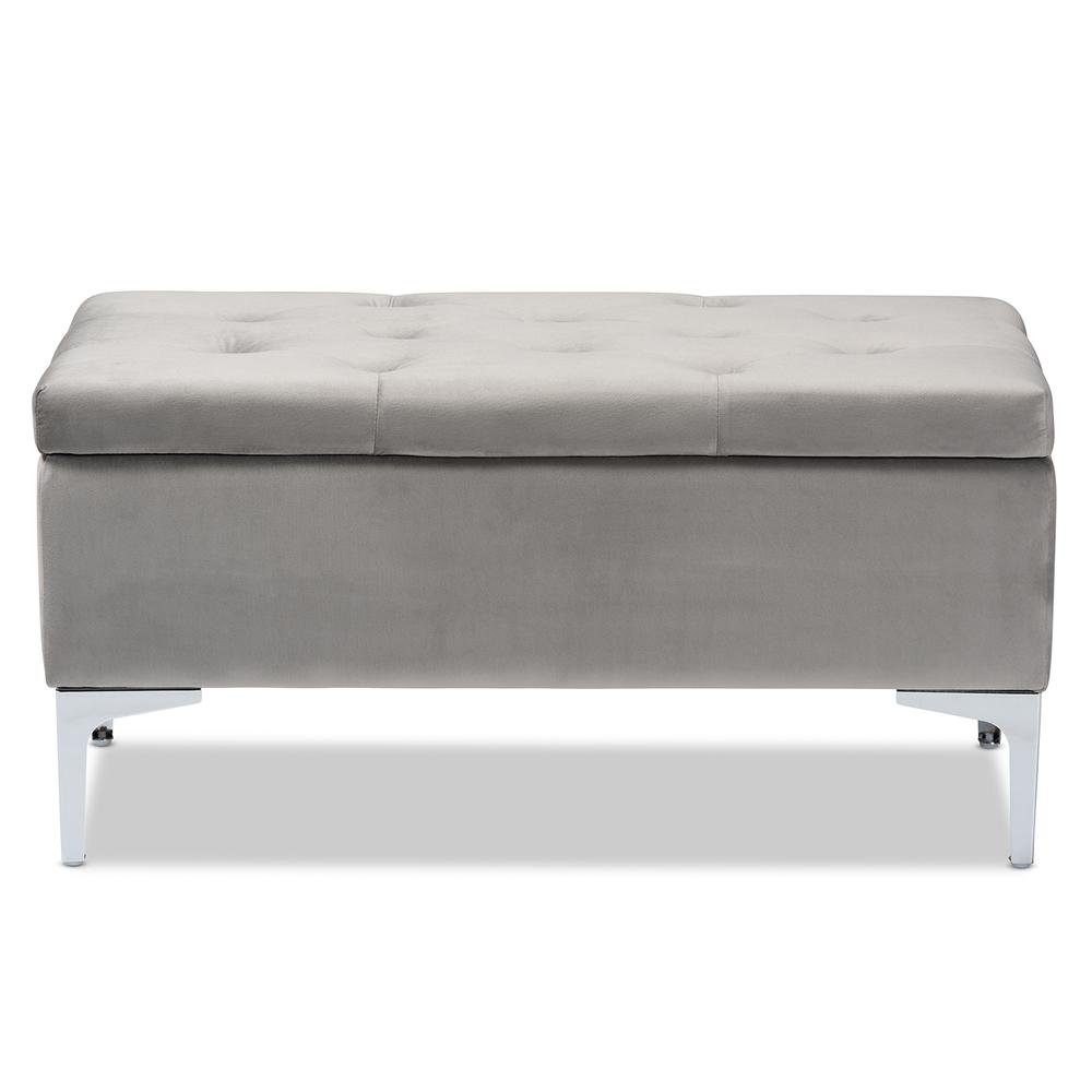 Transitional Grey Velvet Fabric Upholstered Silver Finished Storage Ottoman. Picture 14