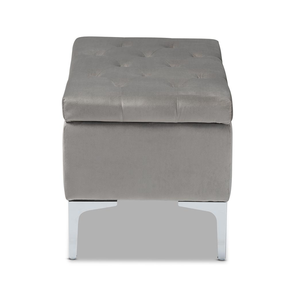 Transitional Grey Velvet Fabric Upholstered Silver Finished Storage Ottoman. Picture 15