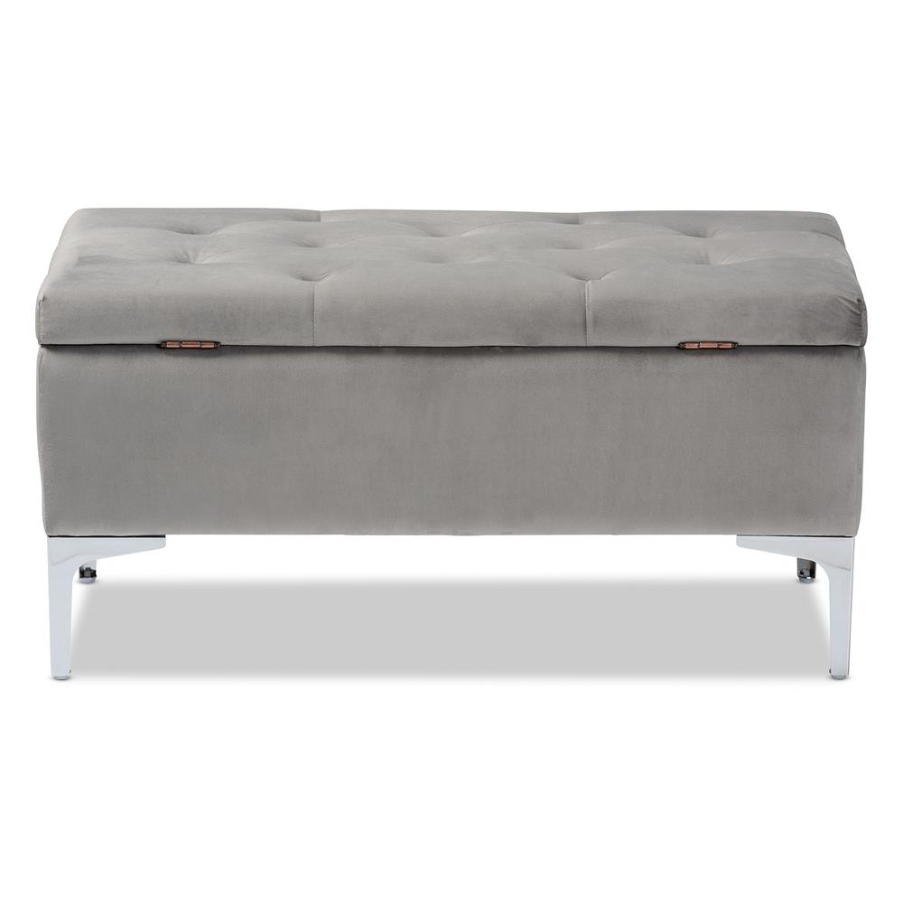 Transitional Grey Velvet Fabric Upholstered Silver Finished Storage Ottoman. Picture 16