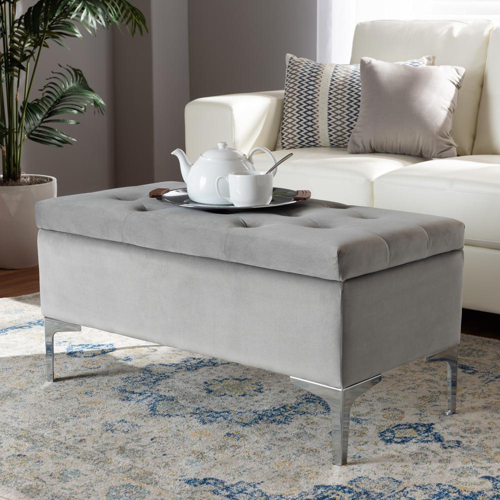 Transitional Grey Velvet Fabric Upholstered Silver Finished Storage Ottoman. Picture 19