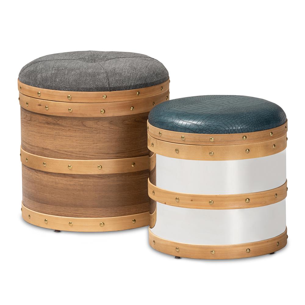 Leather Upholstered 2-Piece Wood and Metal Storage Ottoman Set. Picture 8