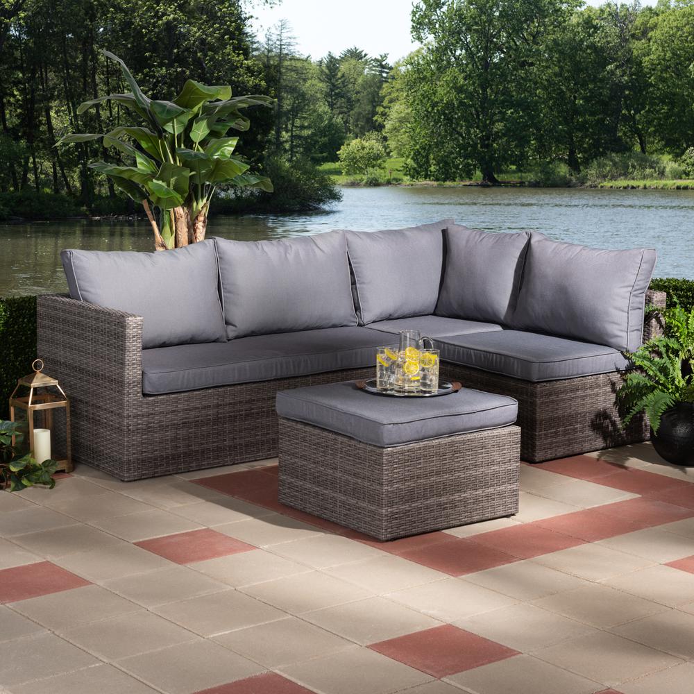 Pamela Modern and Contemporary Grey Polyester Upholstered and Brown Finished 4-Piece Woven Rattan Outdoor Patio Set. Picture 7