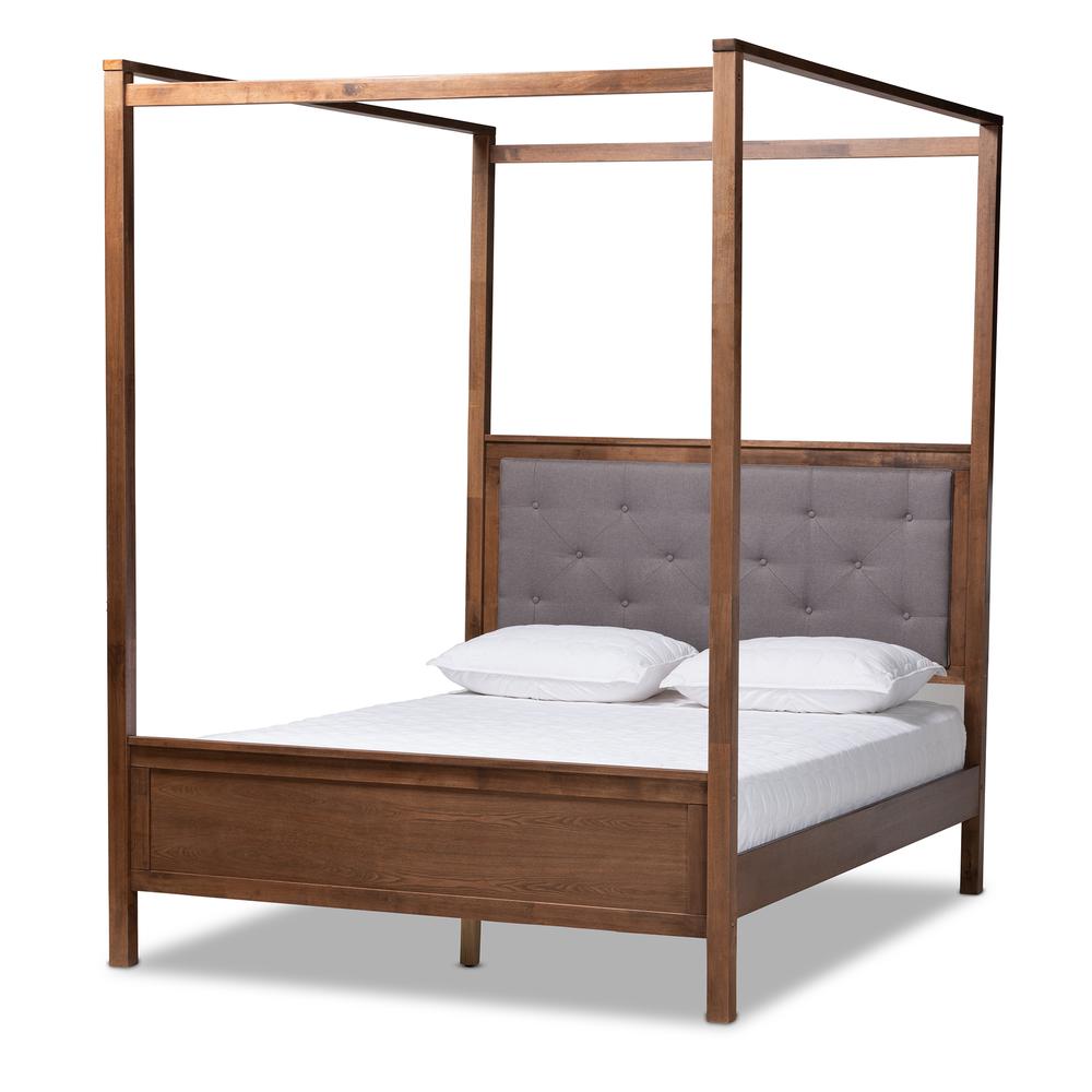 Natasha Modern and Contemporary Grey Fabric Upholstered and Walnut Brown Finished Wood King Size Platform Canopy Bed. Picture 3