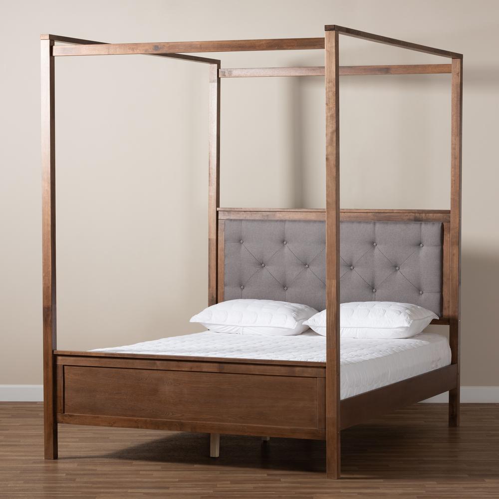Natasha Modern and Contemporary Grey Fabric Upholstered and Walnut Brown Finished Wood King Size Platform Canopy Bed. Picture 8