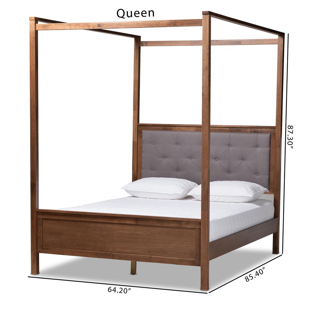 Natasha Modern and Contemporary Grey Fabric Upholstered and Walnut Brown Finished Wood King Size Platform Canopy Bed. Picture 9